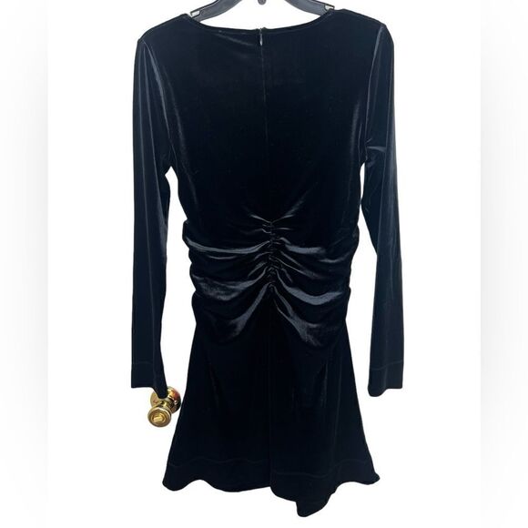 GANNI Black Long Sleeve U-Neckline Velvet Jersey Ruched Mini Dress Size US 6 - Picture 3 of 14